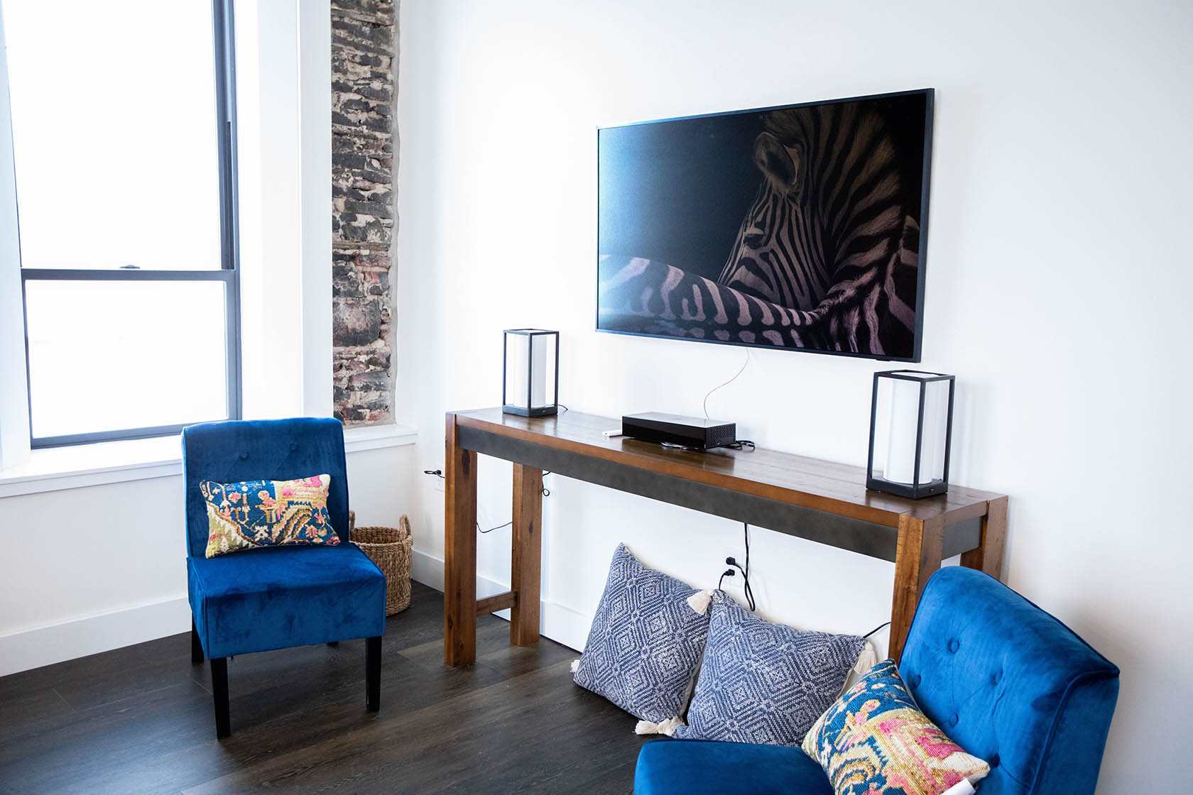 Furnished apartment living room overlooking the Soo Locks